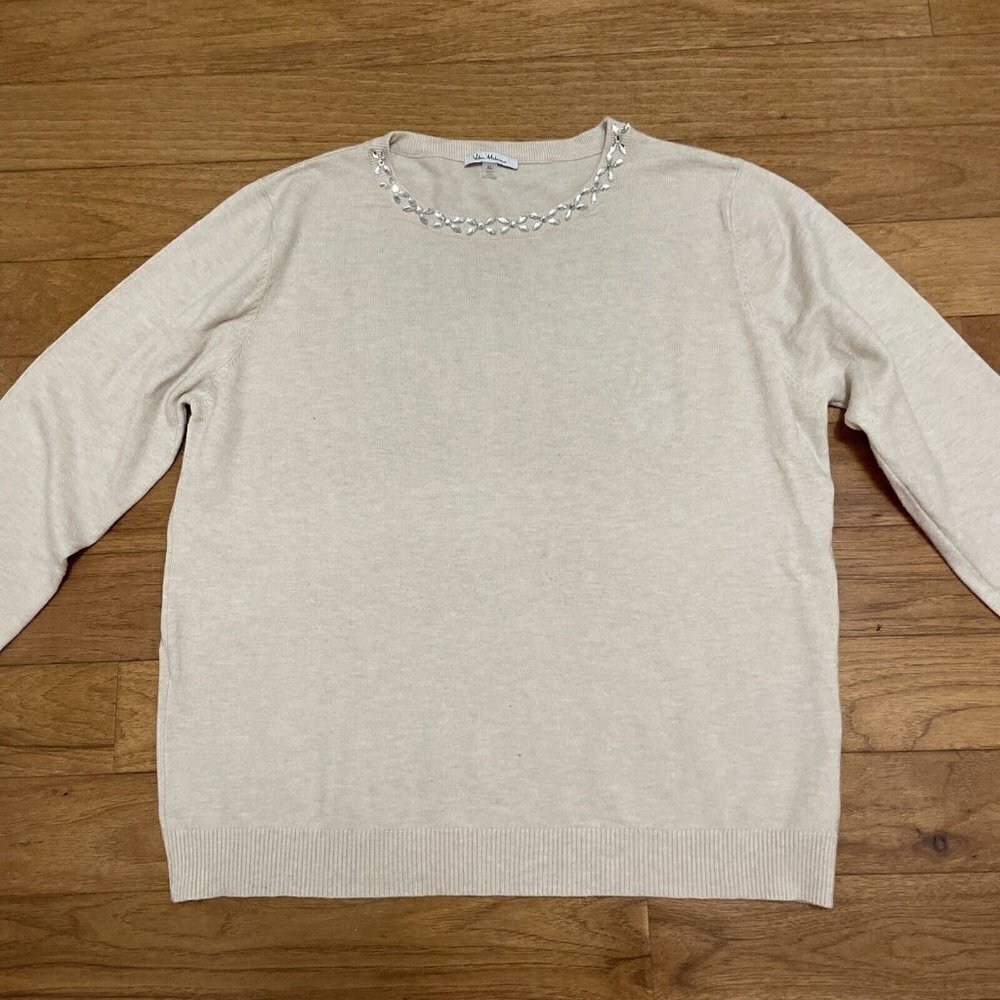 Vila Milano Wool Blend Crew Neck Sweater Top Jewel Embellished Womens XL Beige